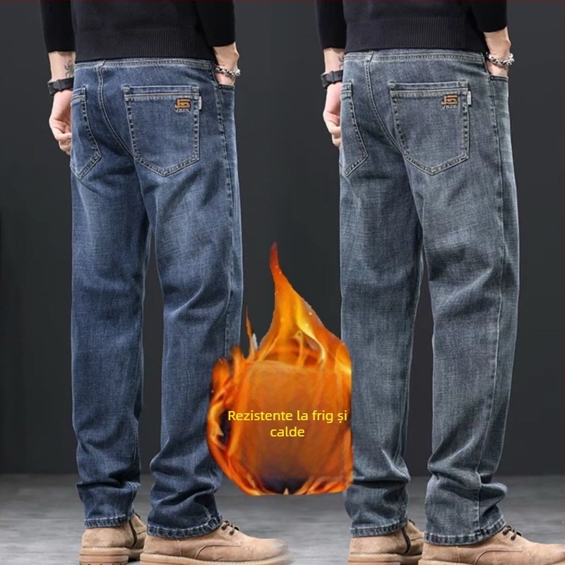 Jeanși bărbați din bumbac cu căptușeală de fleece pentru iarnă, croială lejeră, drept, talie medie, închidere cu nasturi