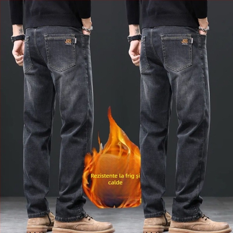 Jeanși bărbați din bumbac cu căptușeală de fleece pentru iarnă, croială lejeră, drept, talie medie, închidere cu nasturi