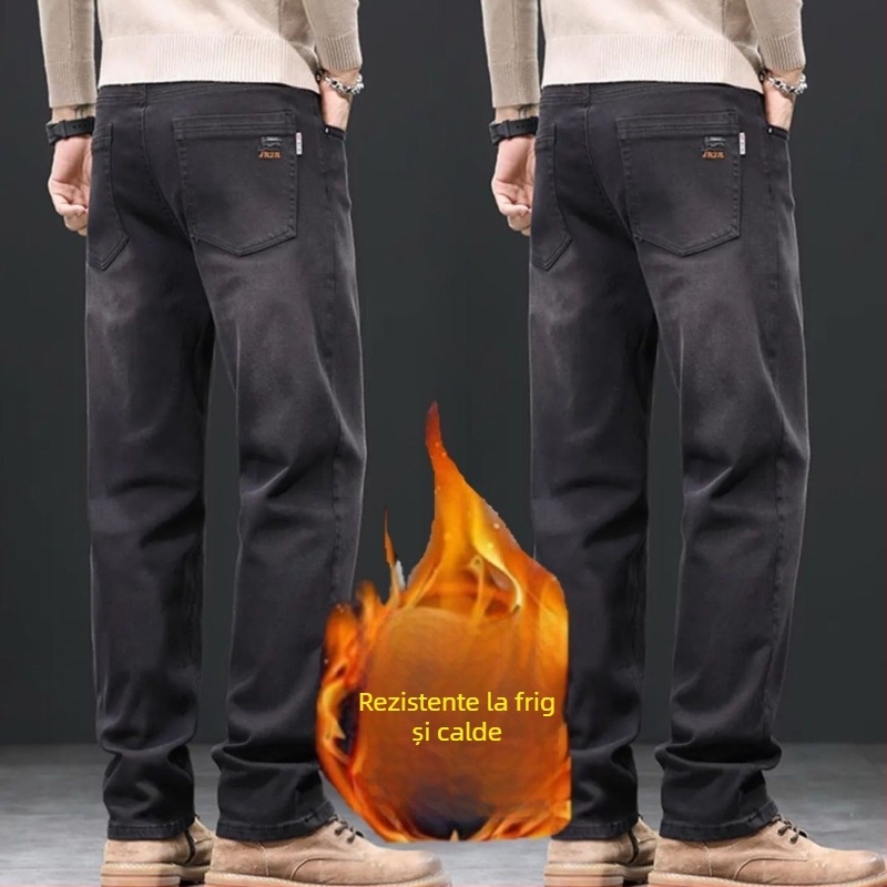 Jeanși bărbați din bumbac cu căptușeală de fleece pentru iarnă, croială lejeră, drept, talie medie, închidere cu nasturi