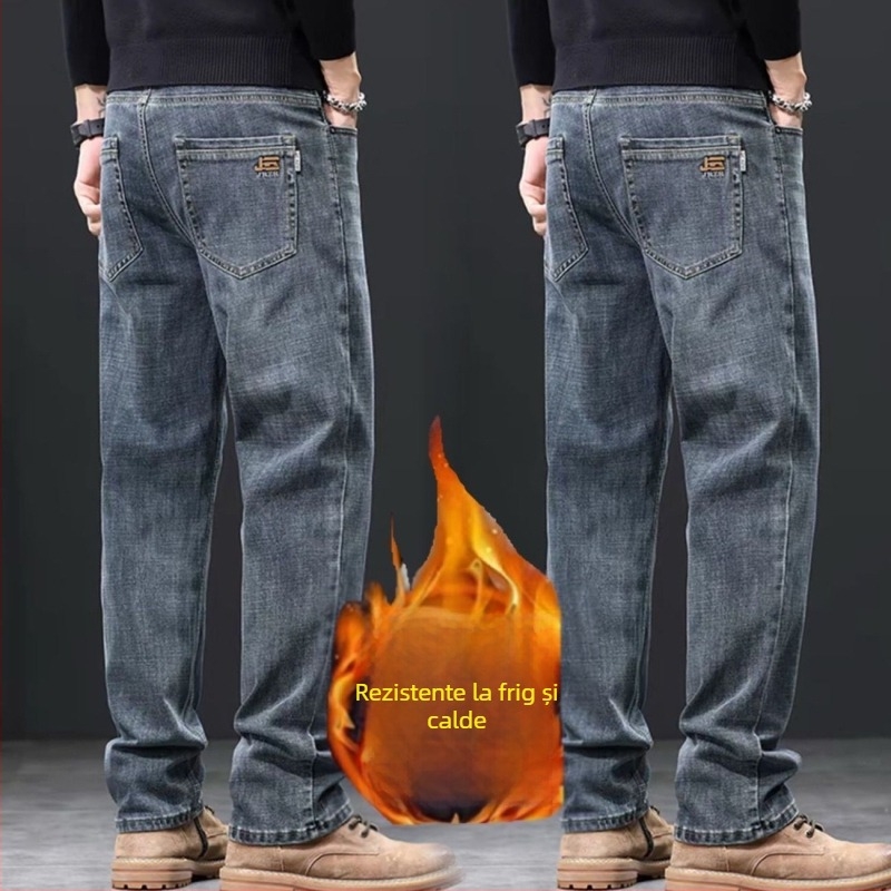 Jeanși bărbați din bumbac cu căptușeală de fleece pentru iarnă, croială lejeră, drept, talie medie, închidere cu nasturi