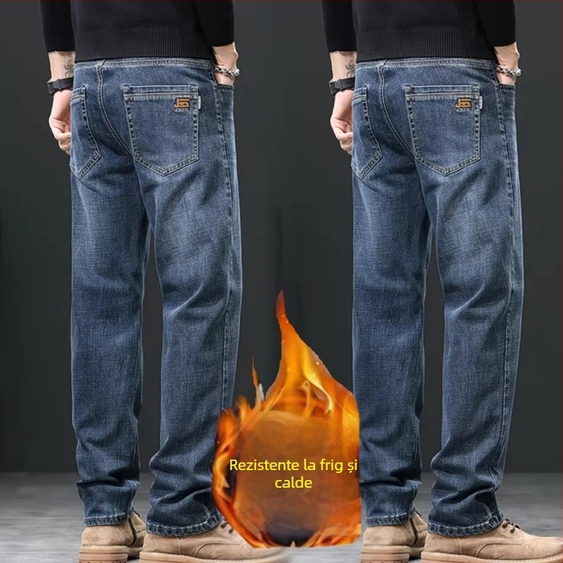 Jeanși bărbați din bumbac cu căptușeală de fleece pentru iarnă, croială lejeră, drept, talie medie, închidere cu nasturi