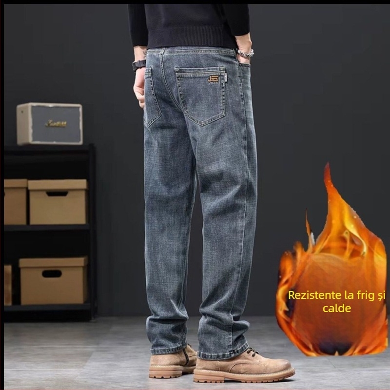 Jeanși bărbați din bumbac cu căptușeală de fleece pentru iarnă, croială lejeră, drept, talie medie, închidere cu nasturi