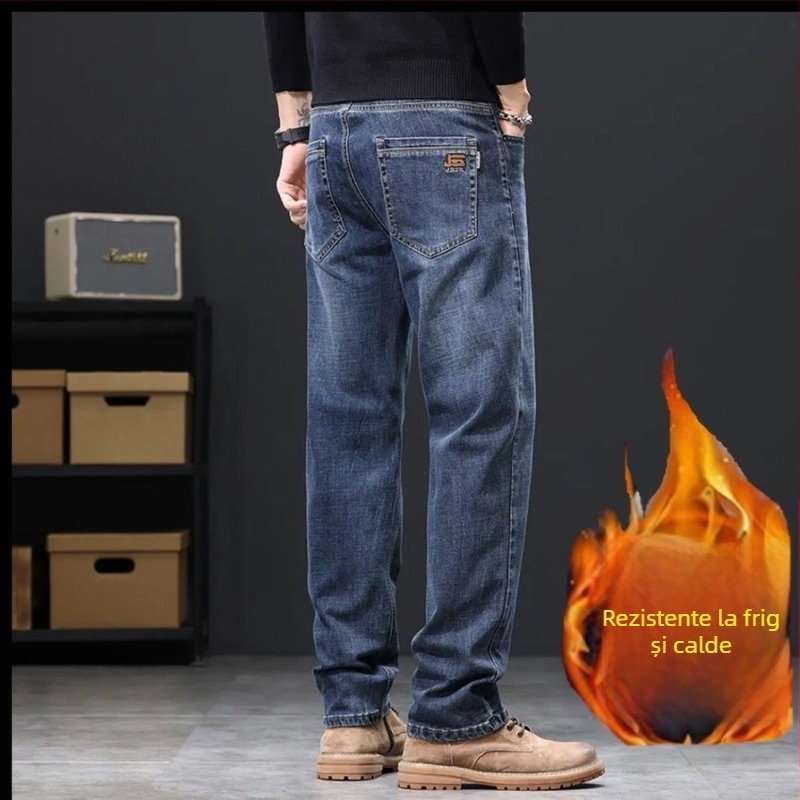 Jeanși bărbați din bumbac cu căptușeală de fleece pentru iarnă, croială lejeră, drept, talie medie, închidere cu nasturi