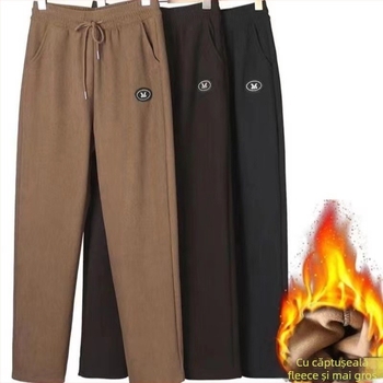 Pantaloni trening kapok velur, croială dreaptă, căptușeală fleece, groși pentru iarnă, amestec poliester 80–90%, Iarnă 2024