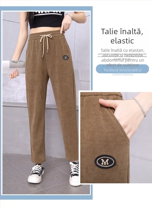 Pantaloni trening kapok velur, croială dreaptă, căptușeală fleece, groși pentru iarnă, amestec poliester 80–90%, Iarnă 2024