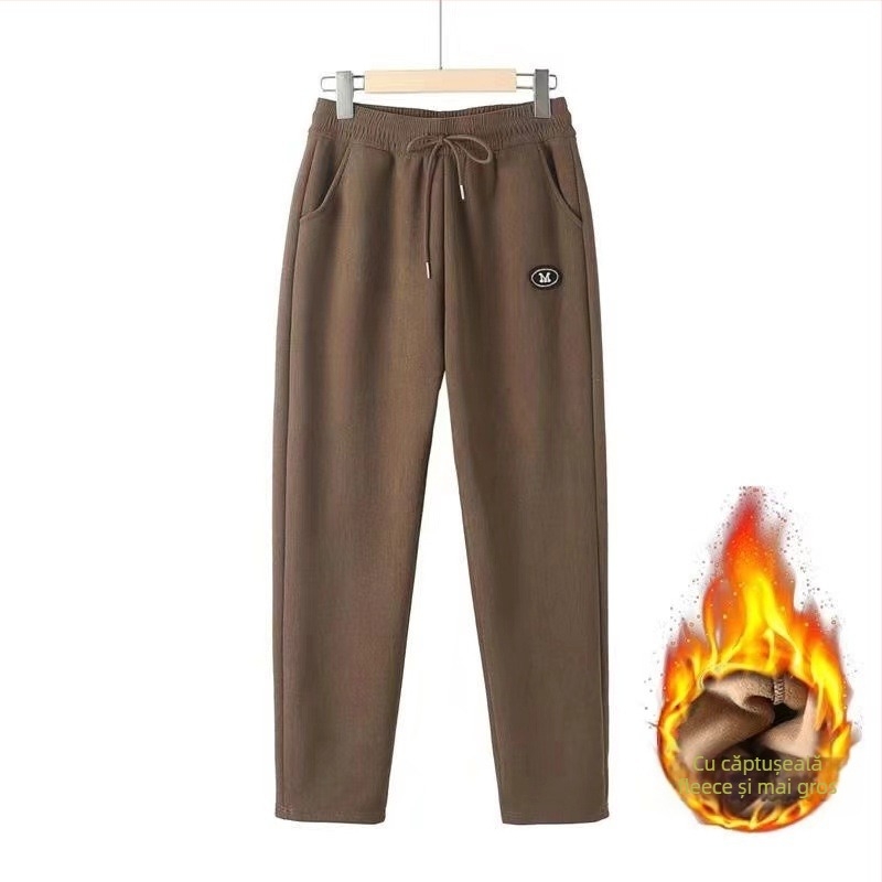 Pantaloni trening kapok velur, croială dreaptă, căptușeală fleece, groși pentru iarnă, amestec poliester 80–90%, Iarnă 2024