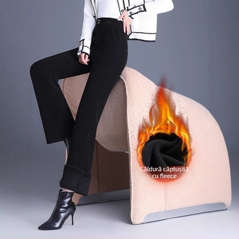 Pantaloni evazați cu talie medie-înaltă, lungime 3/4, țesătură țesută din poliester, microelasticitate, grosime medie, iarnă 2025