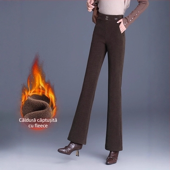 Pantaloni evazați cu talie medie-înaltă, lungime 3/4, țesătură țesută din poliester, microelasticitate, grosime medie, iarnă 2025