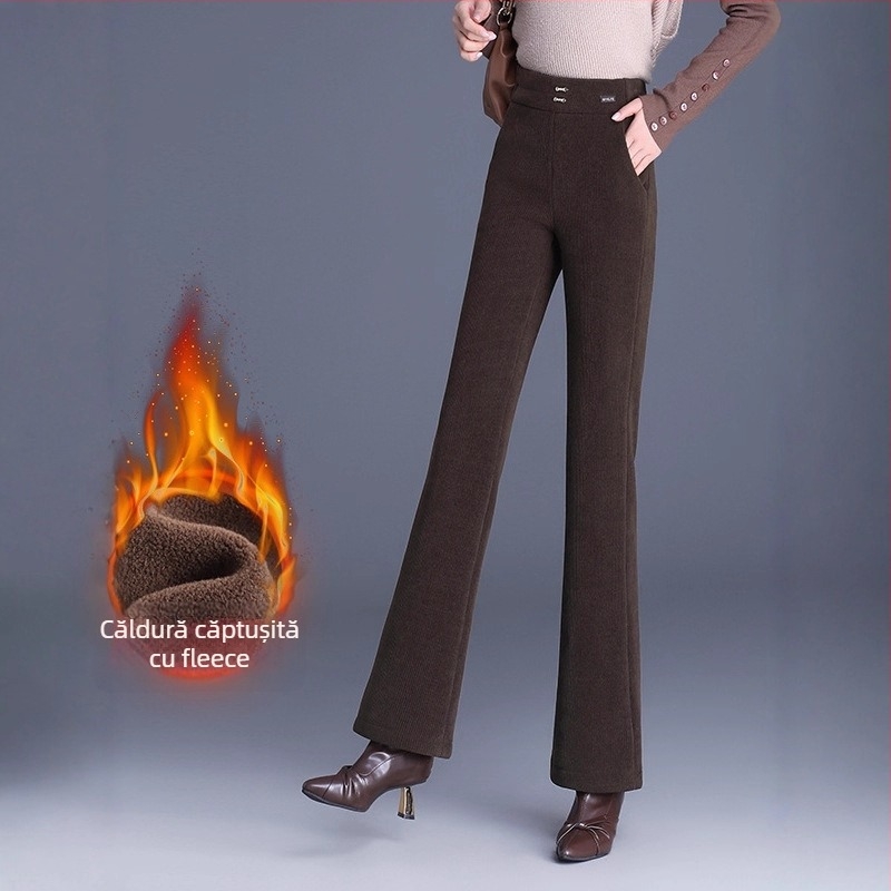 Pantaloni evazați cu talie medie-înaltă, lungime 3/4, țesătură țesută din poliester, microelasticitate, grosime medie, iarnă 2025