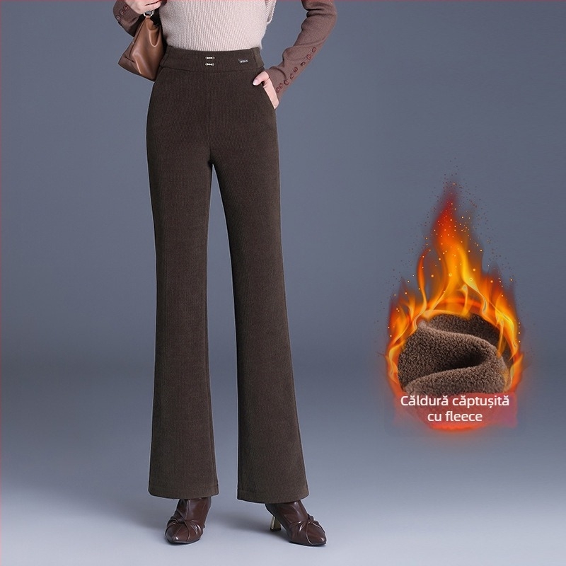 Pantaloni evazați cu talie medie-înaltă, lungime 3/4, țesătură țesută din poliester, microelasticitate, grosime medie, iarnă 2025