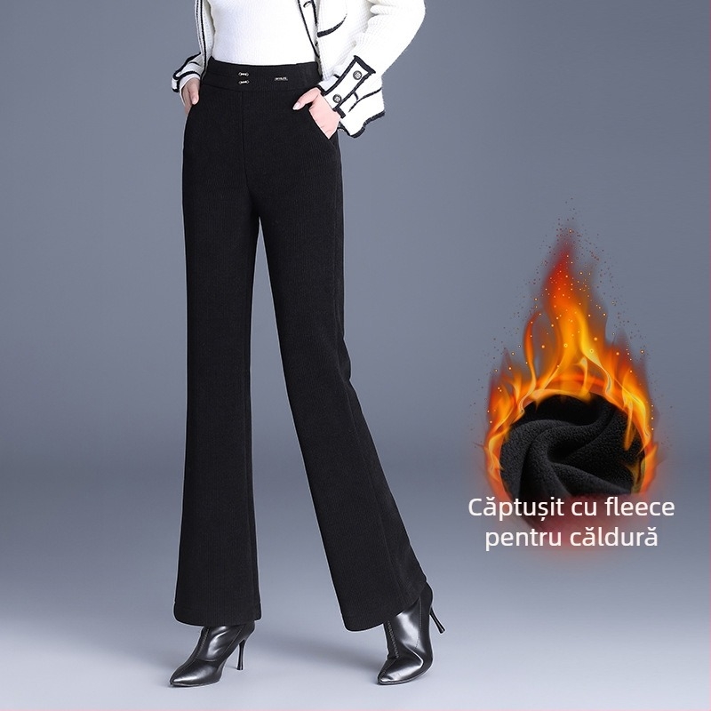 Pantaloni evazați cu talie medie-înaltă, lungime 3/4, țesătură țesută din poliester, microelasticitate, grosime medie, iarnă 2025