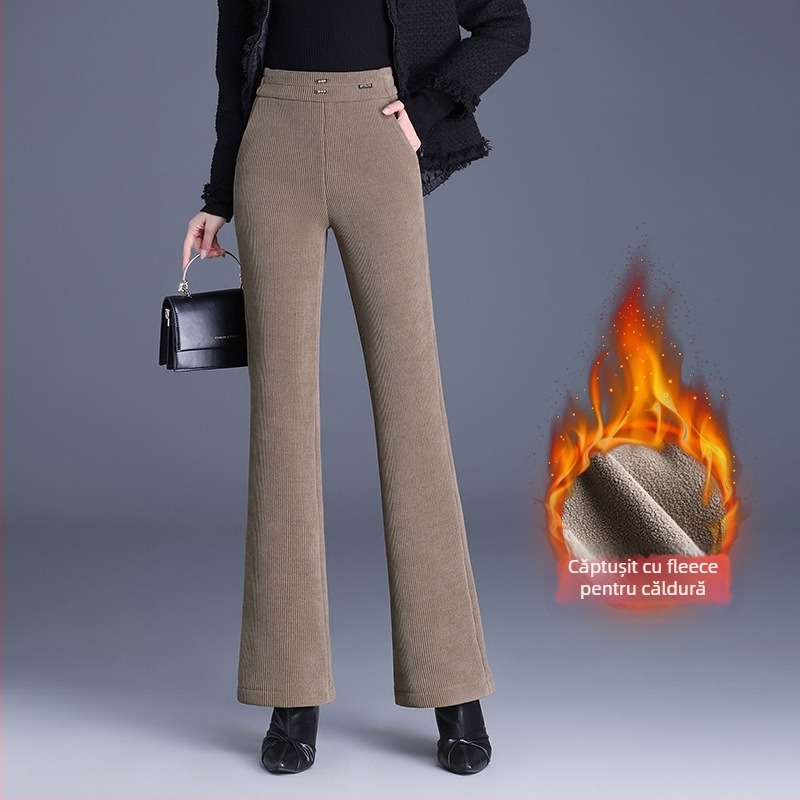 Pantaloni evazați cu talie medie-înaltă, lungime 3/4, țesătură țesută din poliester, microelasticitate, grosime medie, iarnă 2025
