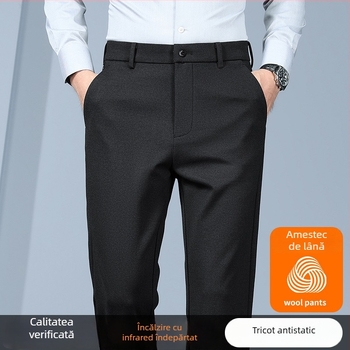 Pantaloni bărbătești din lână de oaie, croială largă, talie înaltă, fermoar, 100% poliester, iarnă business casual
