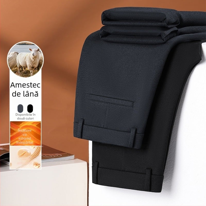 Pantaloni bărbătești din lână de oaie, croială largă, talie înaltă, fermoar, 100% poliester, iarnă business casual