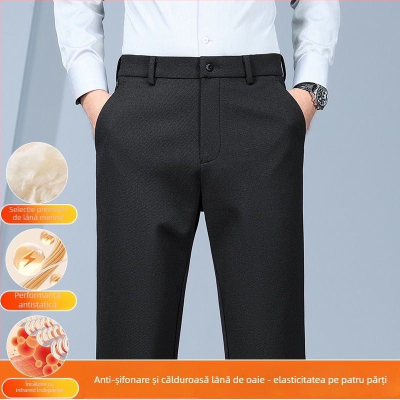 Pantaloni bărbătești din lână de oaie, croială largă, talie înaltă, fermoar, 100% poliester, iarnă business casual