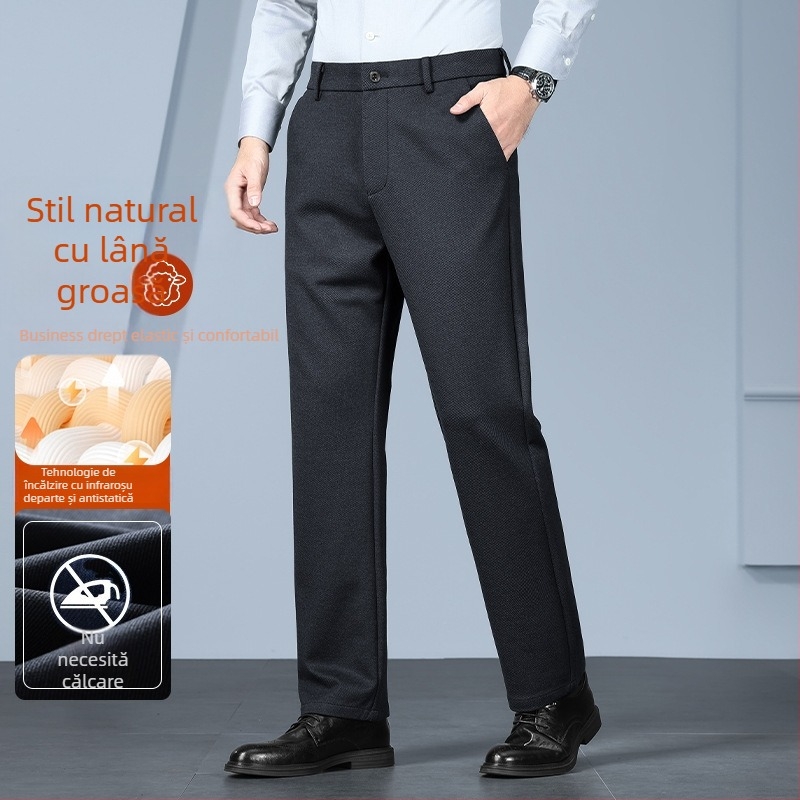 Pantaloni bărbătești din lână de oaie, croială largă, talie înaltă, fermoar, 100% poliester, iarnă business casual