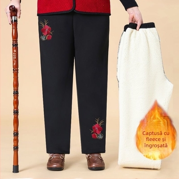 Pantaloni de damă din bumbac, cu broderie florală, talie elastică, căptuți cu fleece și groși, croială lejeră drept, primăvara 2025