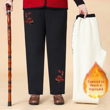 Pantaloni de damă din bumbac, cu broderie florală, talie elastică, căptuți cu fleece și groși, croială lejeră drept, primăvara 2025