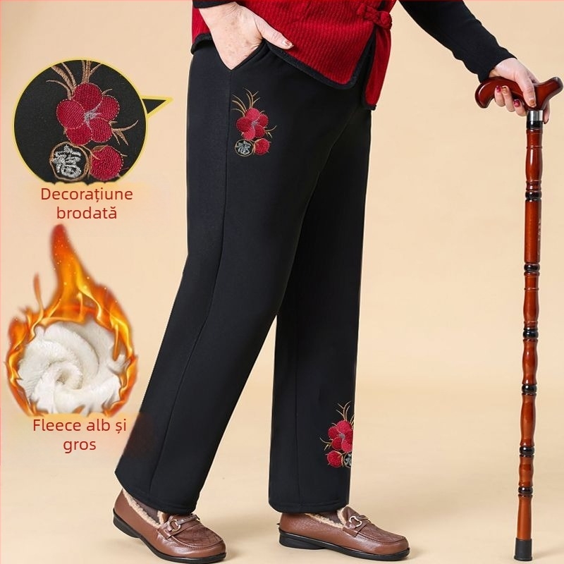Pantaloni de damă din bumbac, cu broderie florală, talie elastică, căptuți cu fleece și groși, croială lejeră drept, primăvara 2025