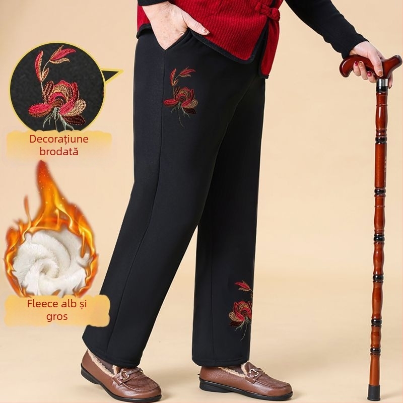 Pantaloni de damă din bumbac, cu broderie florală, talie elastică, căptuți cu fleece și groși, croială lejeră drept, primăvara 2025
