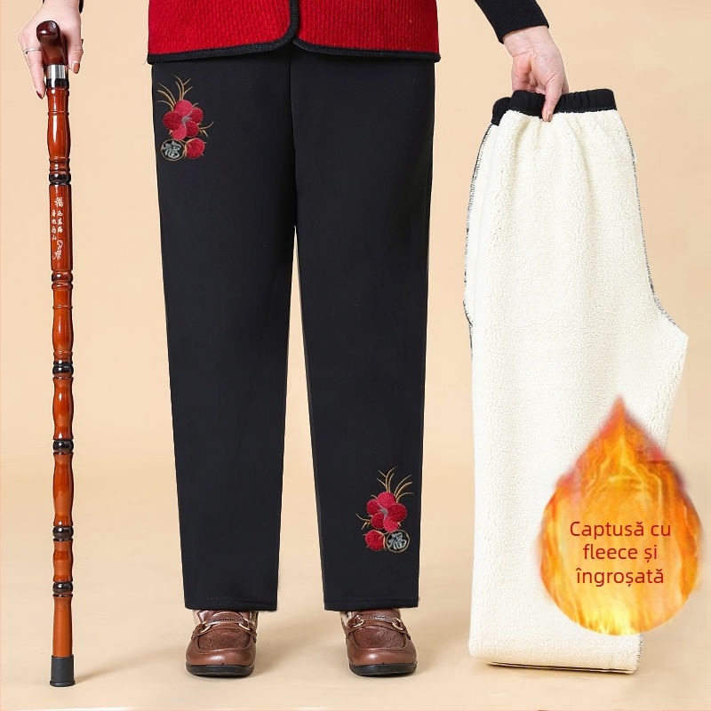 Pantaloni de damă din bumbac, cu broderie florală, talie elastică, căptuți cu fleece și groși, croială lejeră drept, primăvara 2025