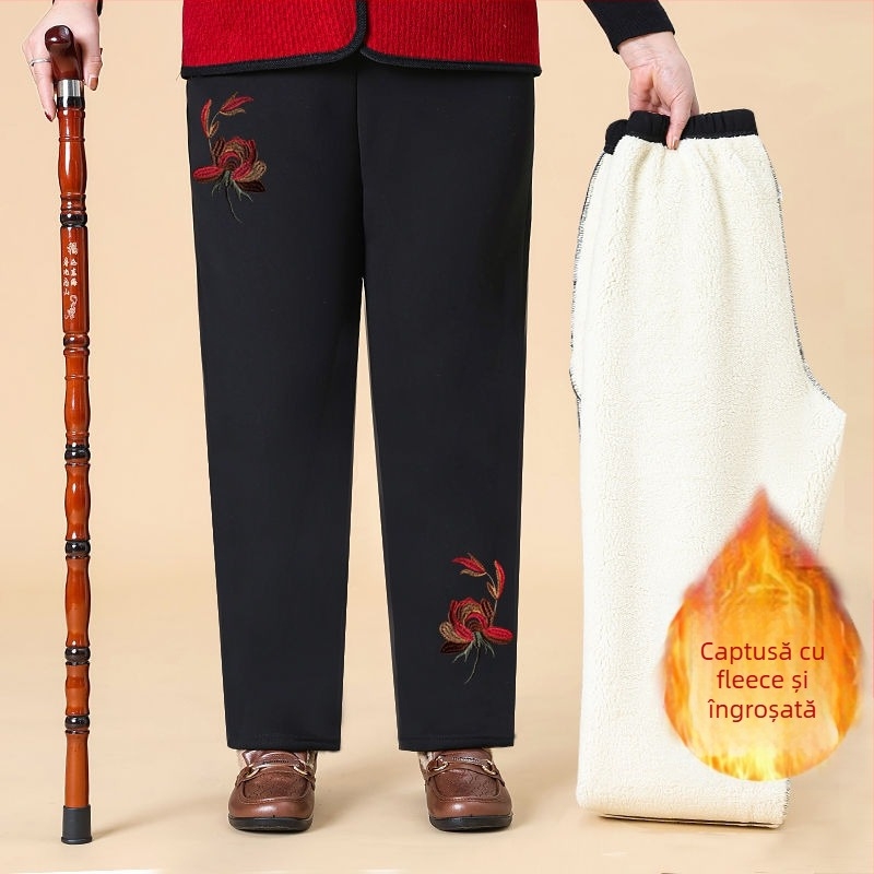 Pantaloni de damă din bumbac, cu broderie florală, talie elastică, căptuți cu fleece și groși, croială lejeră drept, primăvara 2025
