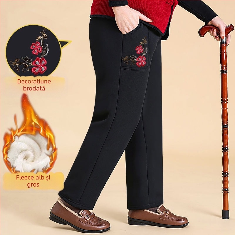 Pantaloni de damă din bumbac, cu broderie florală, talie elastică, căptuți cu fleece și groși, croială lejeră drept, primăvara 2025