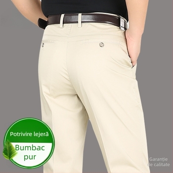 Pantaloni casual bărbați din bumbac, croială conică, talie înaltă, închidere cu fermoar, microelasticitate, detalii la buzunare