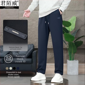 Pantaloni casual pentru bărbați, croi drept lejer, căptușiți cu fleece, talie medie – patru sezoane, material: Lycra și fibre de polietilenă