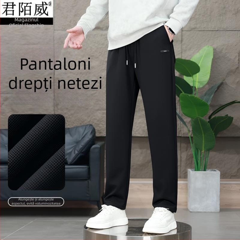 Pantaloni casual pentru bărbați, croi drept lejer, căptușiți cu fleece, talie medie – patru sezoane, material: Lycra și fibre de polietilenă