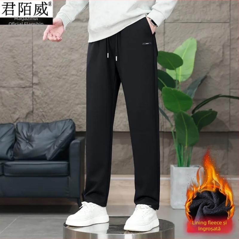 Pantaloni casual pentru bărbați, croi drept lejer, căptușiți cu fleece, talie medie – patru sezoane, material: Lycra și fibre de polietilenă