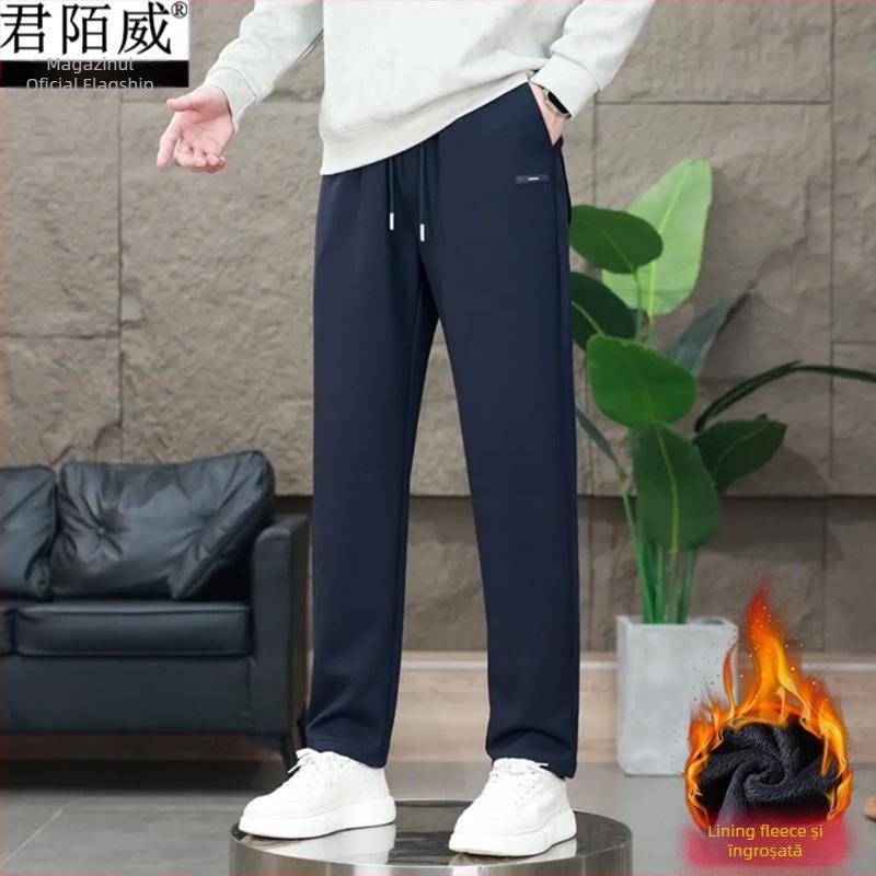 Pantaloni casual pentru bărbați, croi drept lejer, căptușiți cu fleece, talie medie – patru sezoane, material: Lycra și fibre de polietilenă