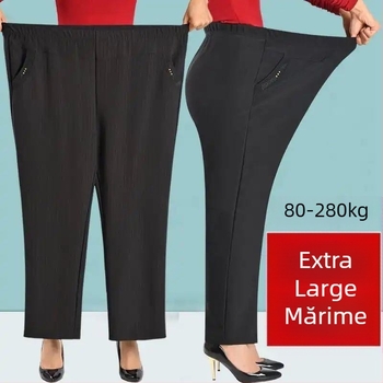Pantaloni de damă cu talie înaltă, croială dreaptă, culoare solidă, țesătură țesută 70–80% poliester și microfibră sub 30%, casual