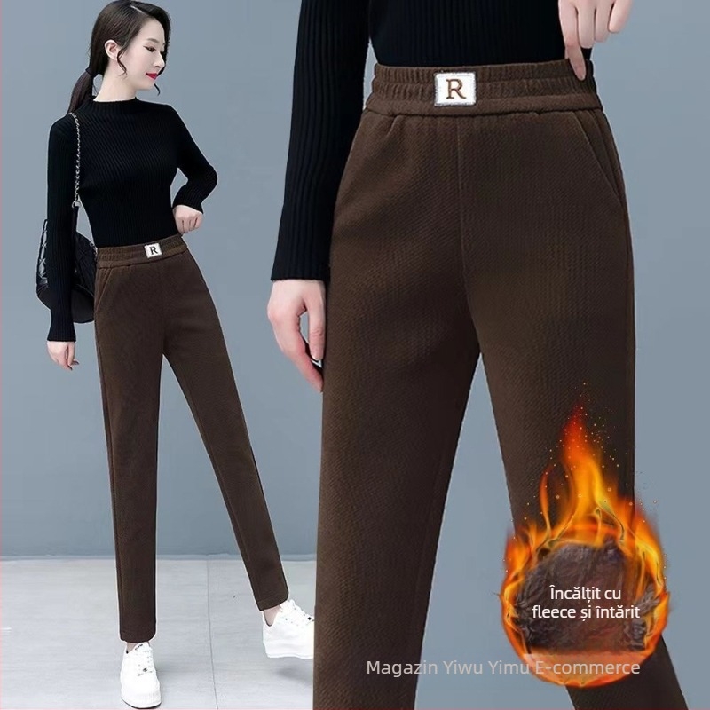 Pantaloni harém din corduroy, largi, groși, iarna 2024, brodate, stil urban