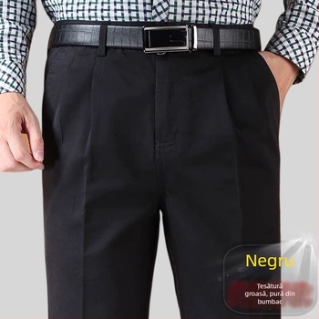 Pantaloni drepti din amestec de bumbac, cu țesătură principală din in, pentru ținută de afaceri de iarnă