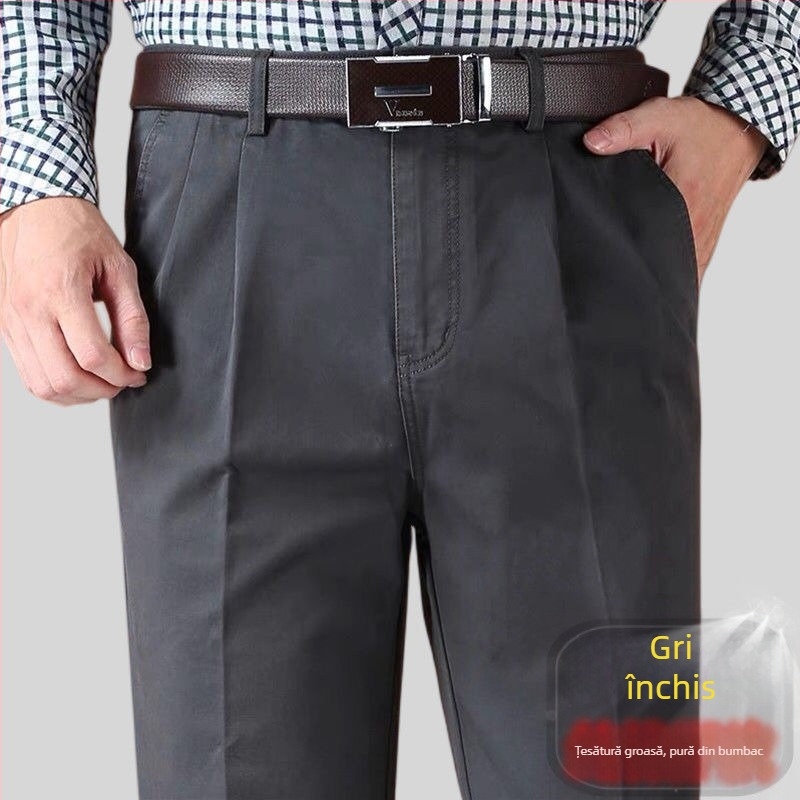 Pantaloni drepti din amestec de bumbac, cu țesătură principală din in, pentru ținută de afaceri de iarnă