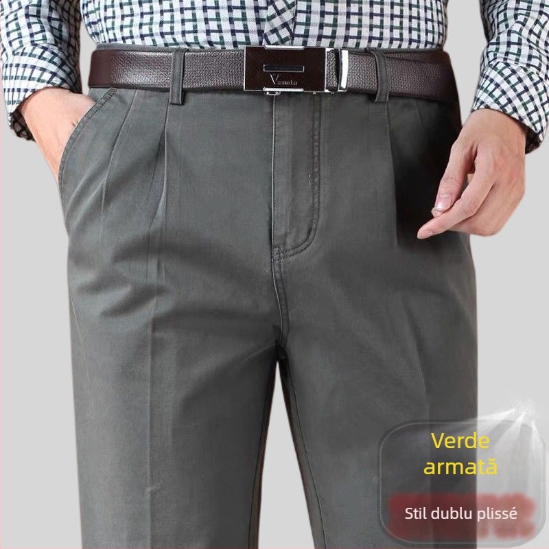 Pantaloni drepti din amestec de bumbac, cu țesătură principală din in, pentru ținută de afaceri de iarnă