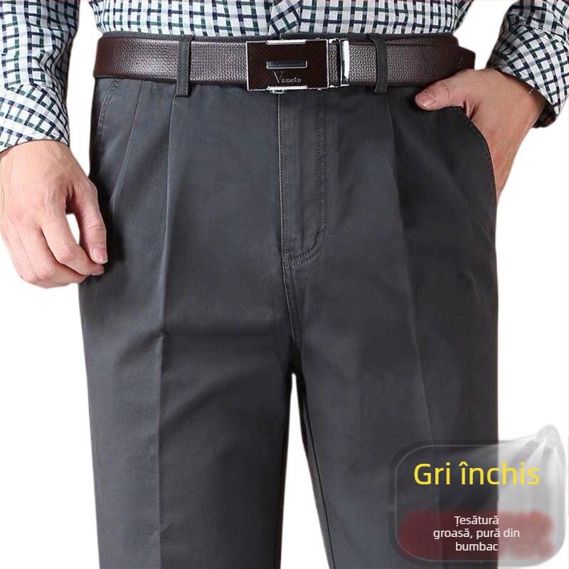 Pantaloni drepti din amestec de bumbac, cu țesătură principală din in, pentru ținută de afaceri de iarnă