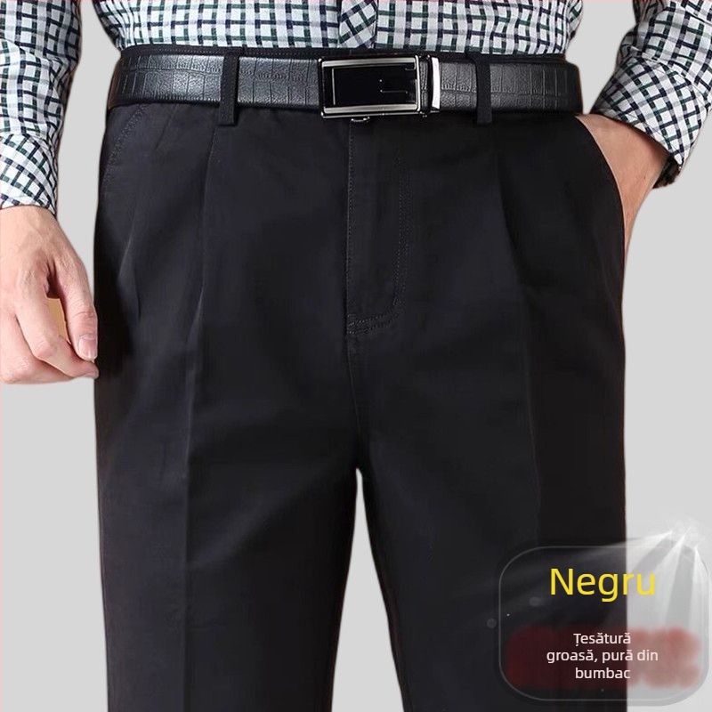 Pantaloni drepti din amestec de bumbac, cu țesătură principală din in, pentru ținută de afaceri de iarnă