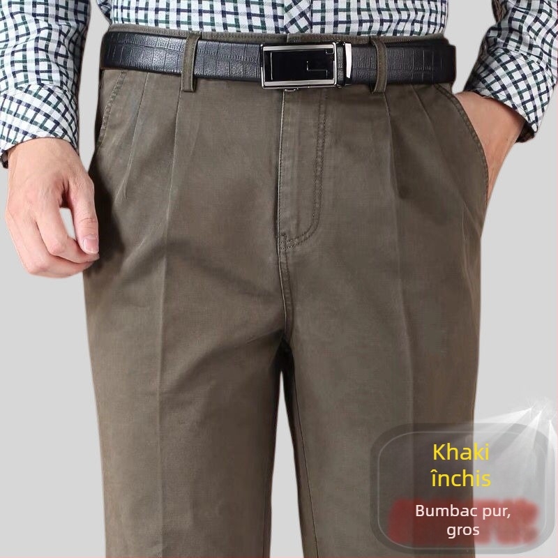 Pantaloni drepti din amestec de bumbac, cu țesătură principală din in, pentru ținută de afaceri de iarnă