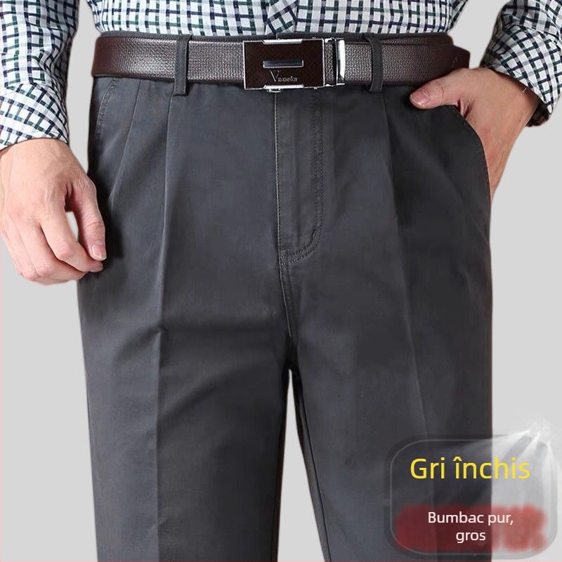 Pantaloni drepti din amestec de bumbac, cu țesătură principală din in, pentru ținută de afaceri de iarnă