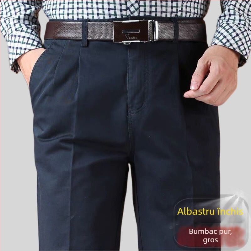 Pantaloni drepti din amestec de bumbac, cu țesătură principală din in, pentru ținută de afaceri de iarnă