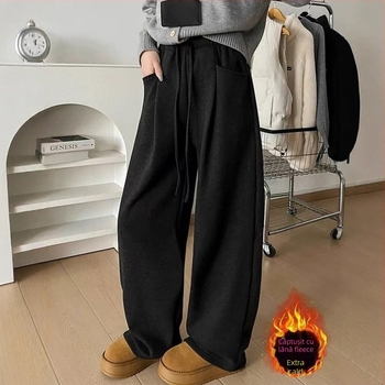 Pantaloni largi cu fleece pentru toamnă și iarnă, femei, stil casual, călduroși