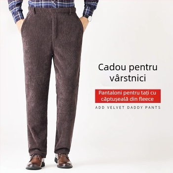 Pantaloni pentru bărbați din corduroy, căptuți cu fleece, croială dreaptă, talie înaltă, pentru relaxare