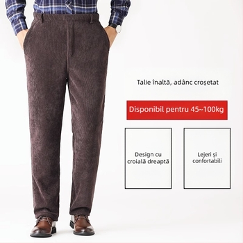 Pantaloni pentru bărbați din corduroy, căptuți cu fleece, croială dreaptă, talie înaltă, pentru relaxare
