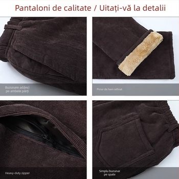 Pantaloni pentru bărbați din corduroy, căptuți cu fleece, croială dreaptă, talie înaltă, pentru relaxare