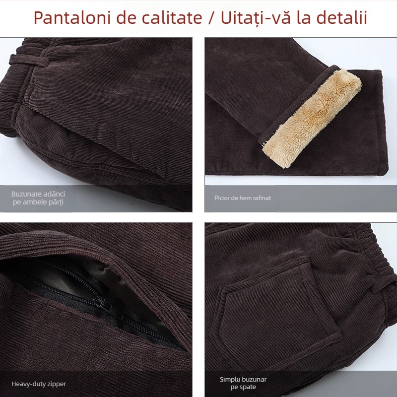 Pantaloni pentru bărbați din corduroy, căptuți cu fleece, croială dreaptă, talie înaltă, pentru relaxare