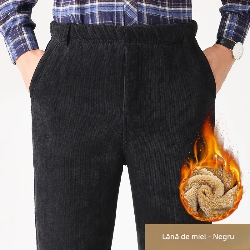 Pantaloni pentru bărbați din corduroy, căptuți cu fleece, croială dreaptă, talie înaltă, pentru relaxare