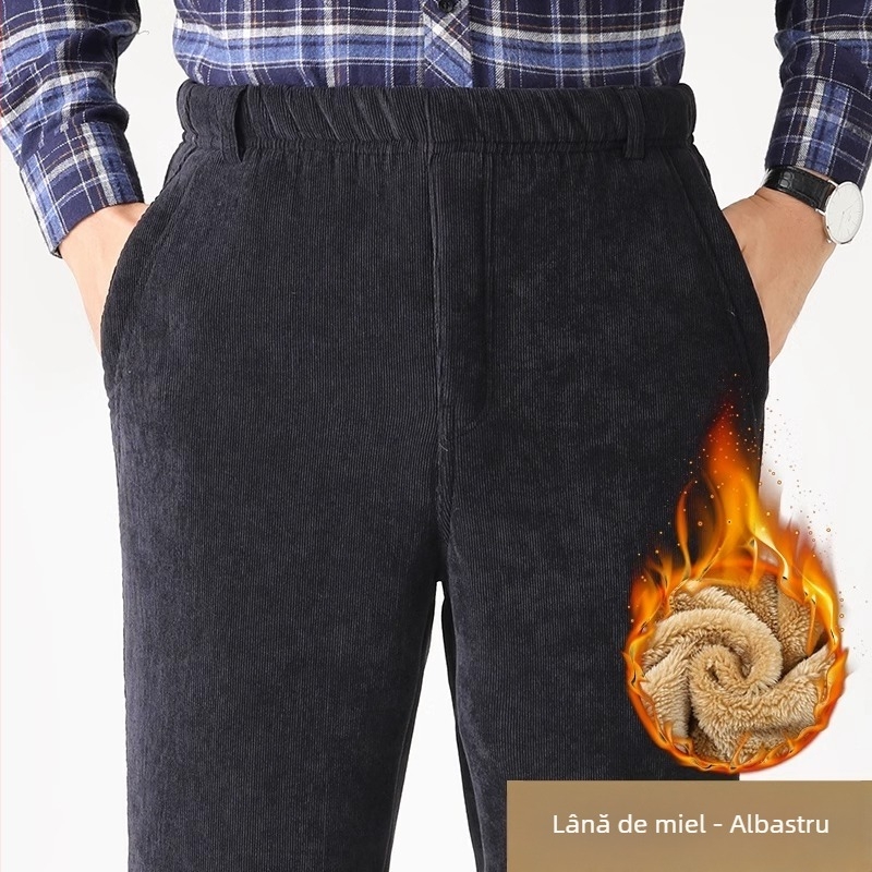 Pantaloni pentru bărbați din corduroy, căptuți cu fleece, croială dreaptă, talie înaltă, pentru relaxare