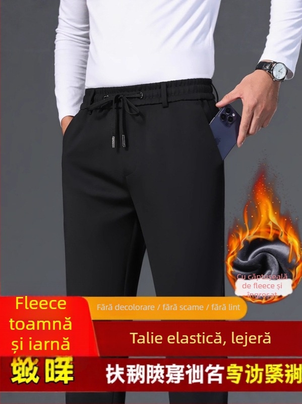 Pantaloni casual business bărbați cu căptușeală fleece, croială dreaptă, talie medie, cu curea și închidere cu șnur, iarnă 2025